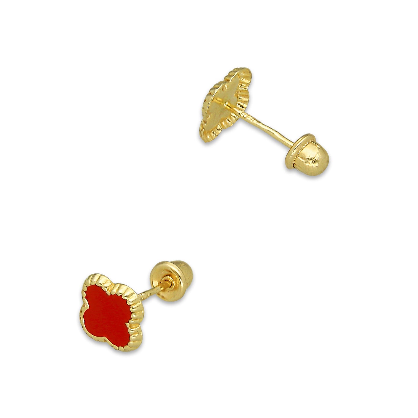 LPAUBR097 Aretes Broquel Oro Sólido 10K Trébol Esmalte Rojo 6 mm de Diámetro 776