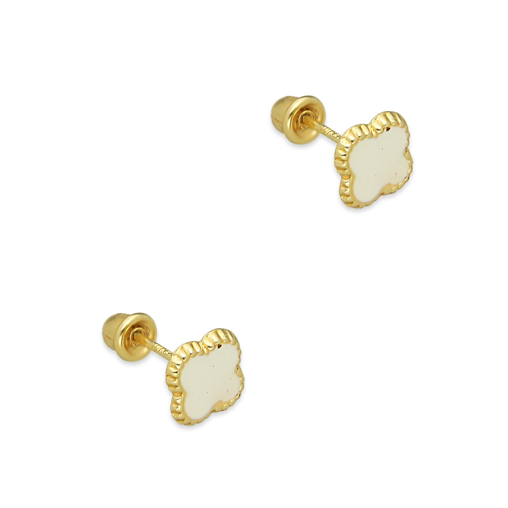 LPAUBR098 Aretes Broquel Oro Sólido 10K Trébol Esmalte Blanco 6 mm de Diámetro 776