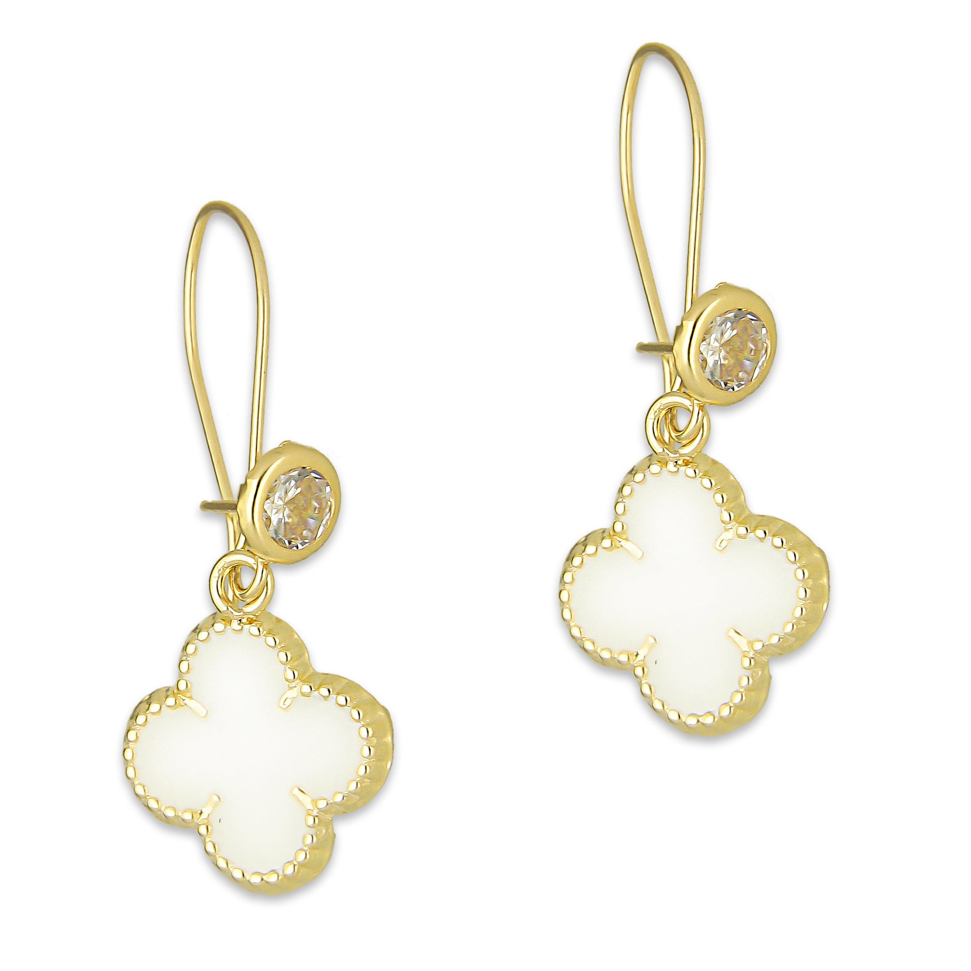 LPAUBR107 Aretes Broquel Arillo Oro Sólido 10K Trébol Esmaltado Blanco 1 cm 5067
