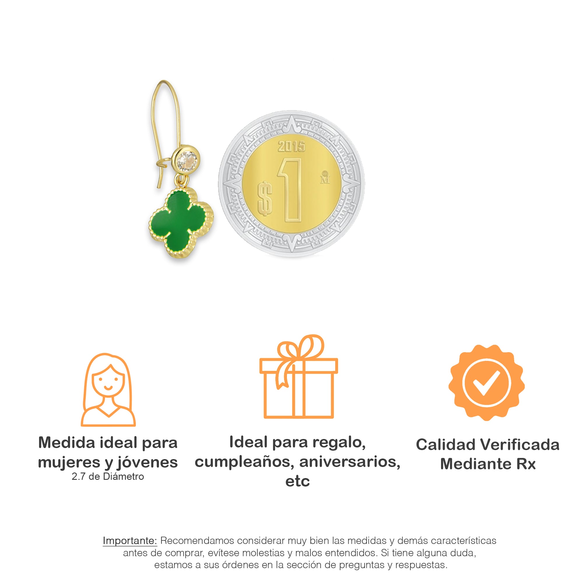 LPAUBR108 Aretes Broquel Arillo Oro Sólido 10K Trébol Esmaltado Verde 1 cm 5067