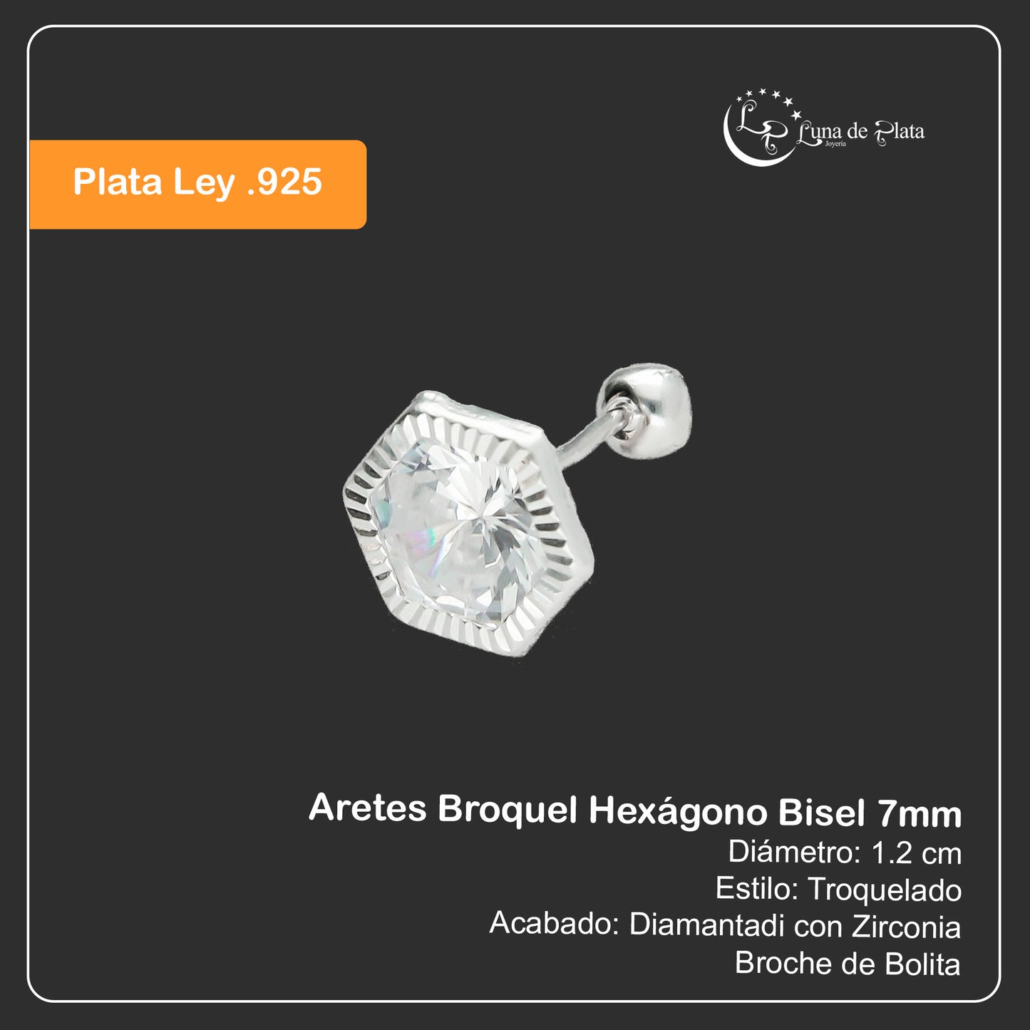 LPBR063 Aretes Broquel Plata Mod Hexágono Bisel 7mm Plata .925 Taxco 869071048