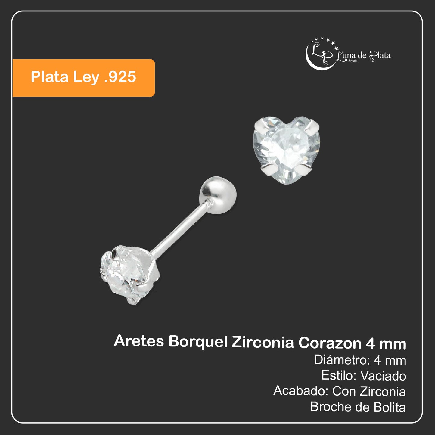 LPBR073 Aretes Borquel Zirconia Corazon 4 mm Bolita Plata .925 Taxco Gro 1995429189