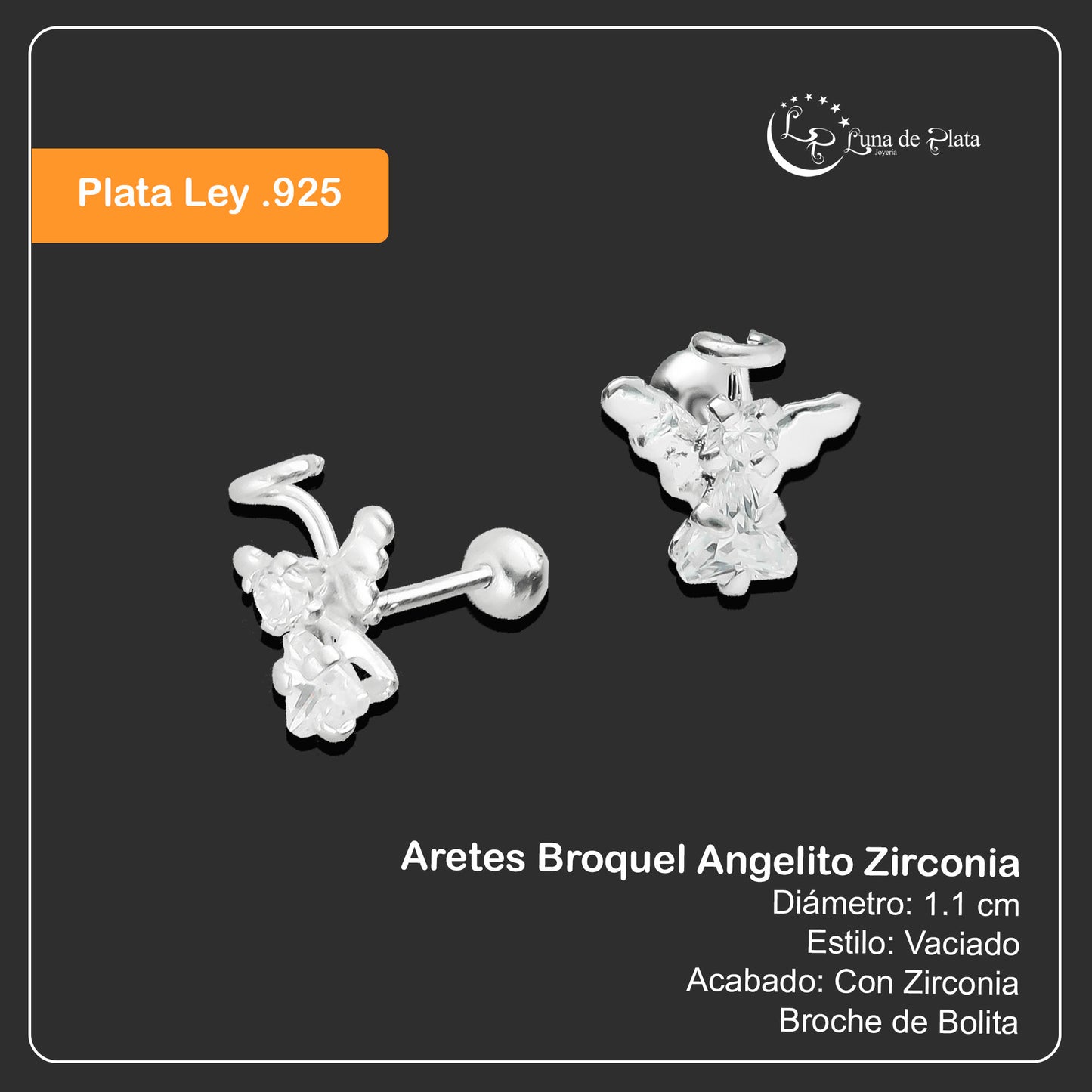 LPBR077 Aretes Broquel Angelito Zirconia Plata .925 Taxco Gro. 2765925140