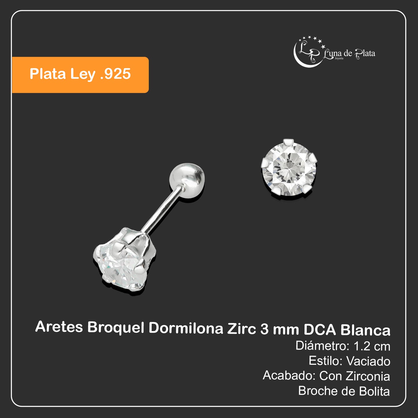 LPBR083 Aretes Broquel Dormilona Zirc 3 mm DCA Blanca Plata .925 Taxco Gro. 1996048707