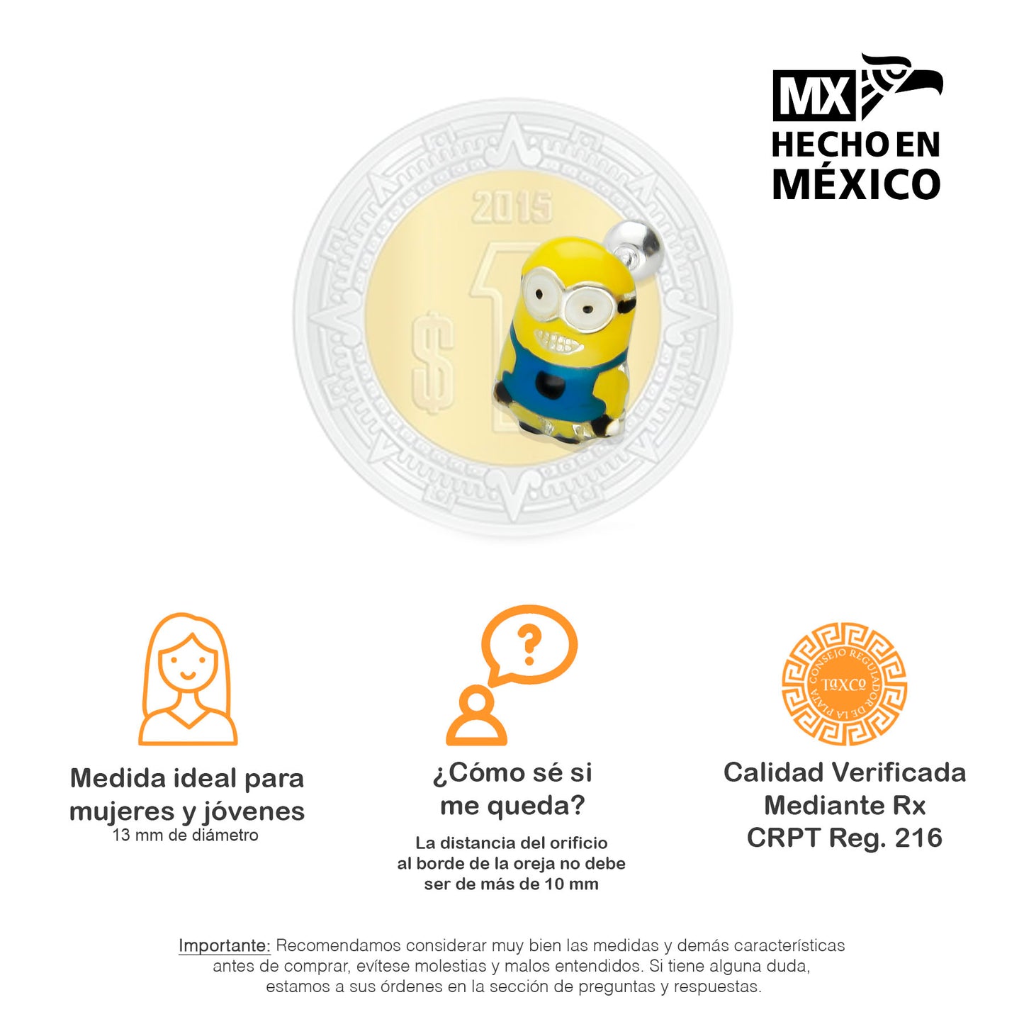 LPBR086 Aretes Broquel Minions Esmalte Plata .925 Taxco Gro.