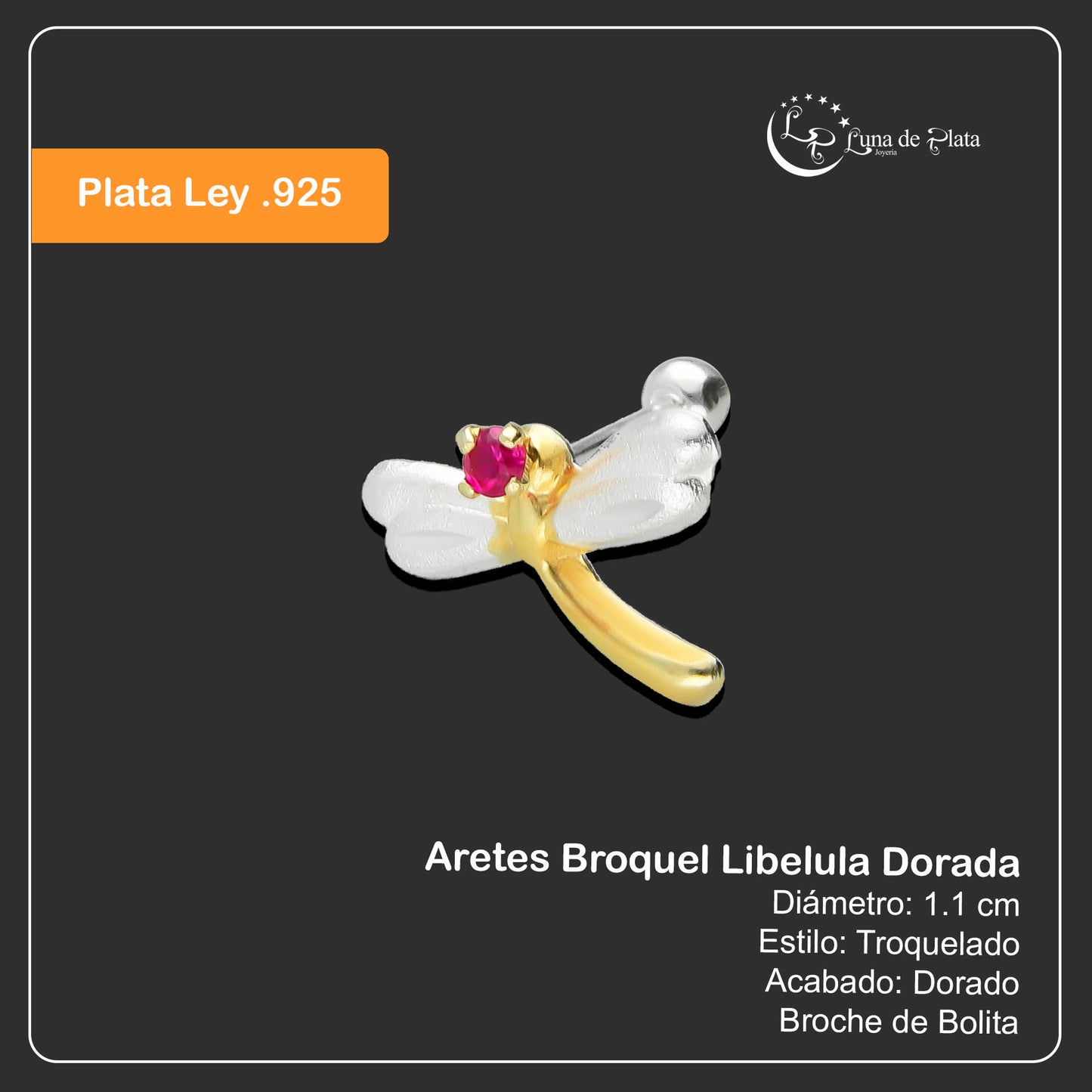 LPBR088 Aretes Broquel Libelula Dorada Plata .925 Taxco Gro. 2767833962