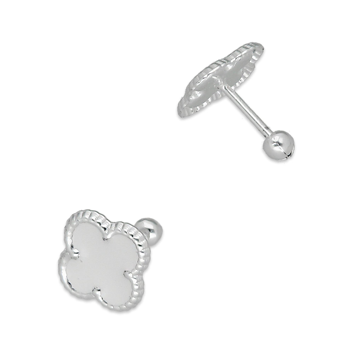 LPBR094 Arete Broquel Trébol Blanco Esmalte 11 mm en Plata .925 Taxco