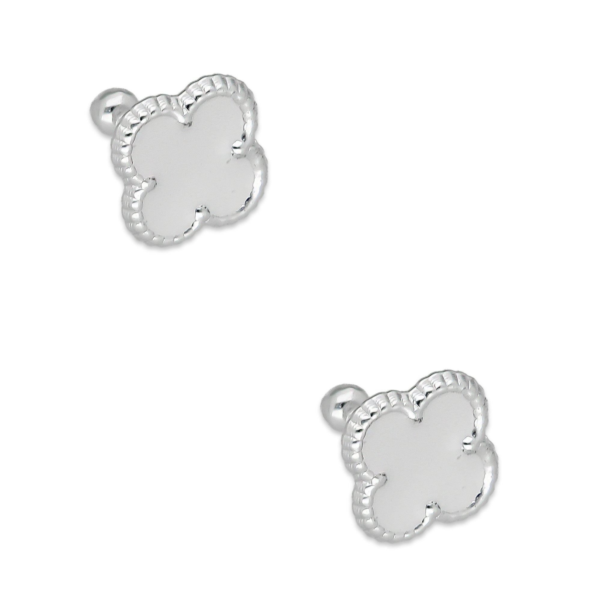 LPBR094 Arete Broquel Trébol Blanco Esmalte 11 mm en Plata .925 Taxco