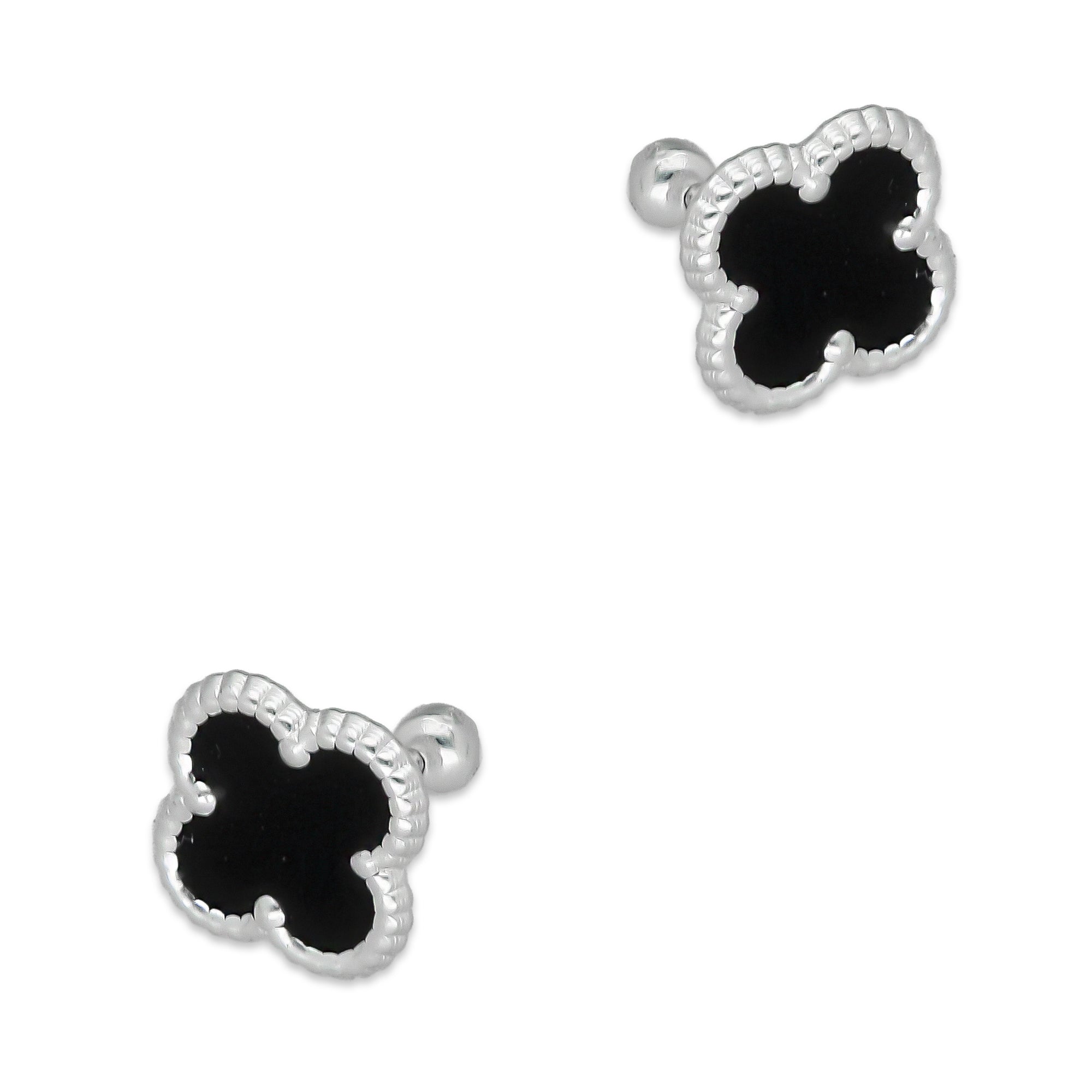 LPBR095 Arete Broquel Trébol Negro Esmalte 11 mm en Plata .925 Taxco