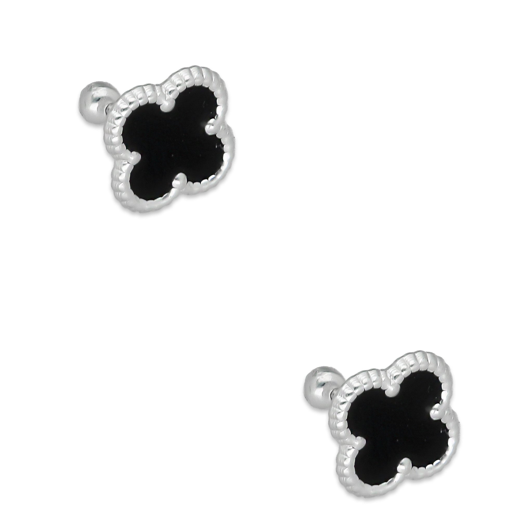 LPBR095 Arete Broquel Trébol Negro Esmalte 11 mm en Plata .925 Taxco