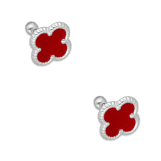 LPBR096 Arete Broquel Trébol Rojo Esmalte 11 mm en Plata .925 Taxco