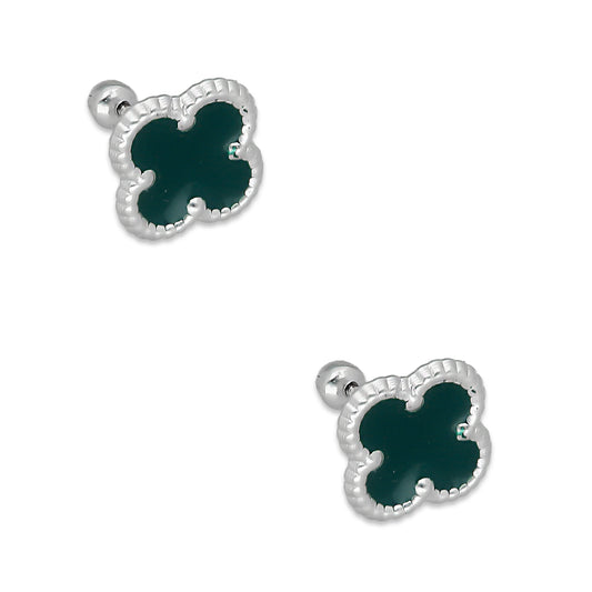 LPBR097 Arete Broquel Trébol Verde Esmalte 11 mm en Plata .925 Taxco