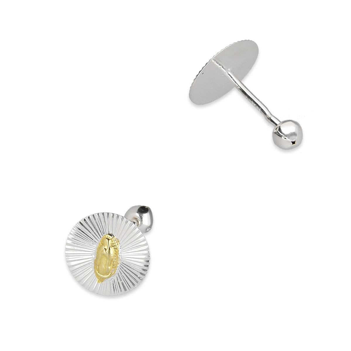 LPBR099 Arete Broquel Virgen Dorada Redondo Radial en Plata .925