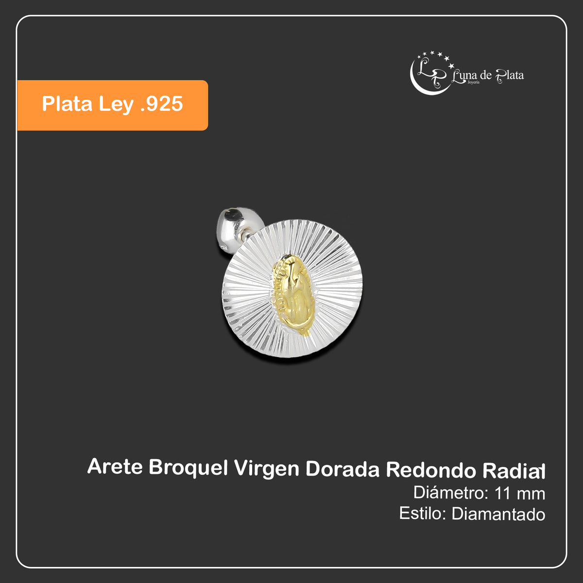 LPBR099 Arete Broquel Virgen Dorada Redondo Radial en Plata .925