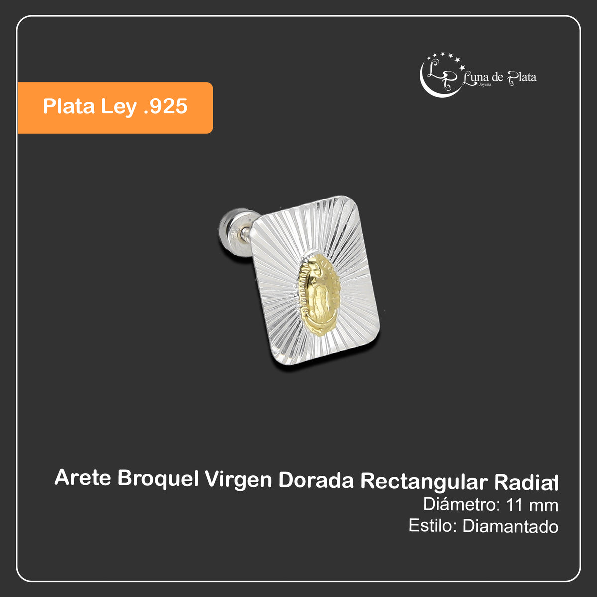 LPBR100 Arete Broquel Virgen Dorada Rectangular Radial en Plata .925