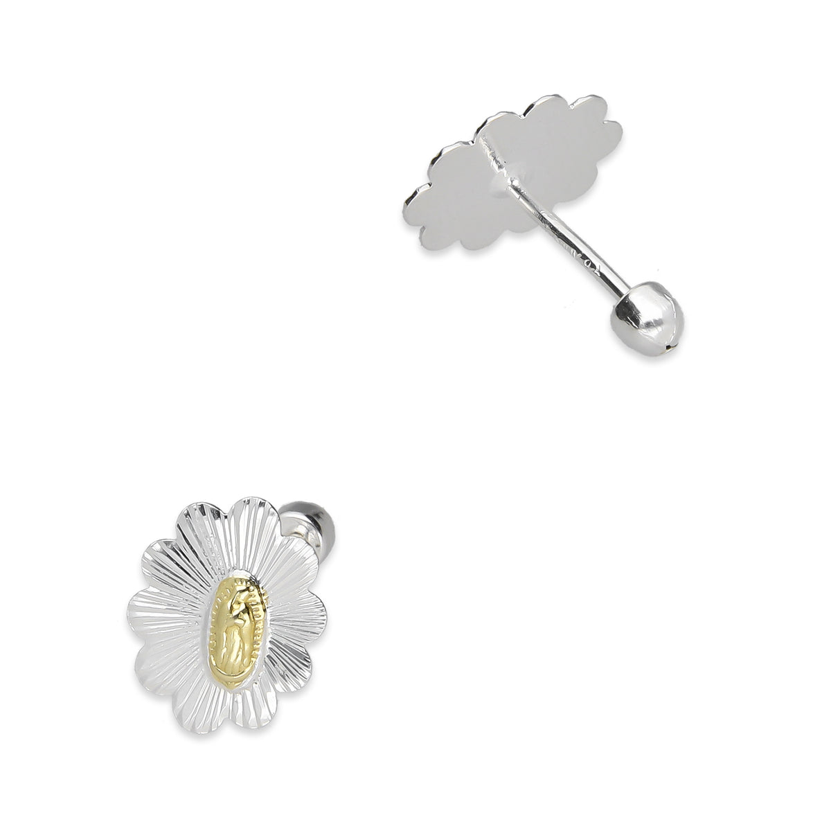 LPBR102 Arete Broquel Virgen Dorada Olan Ovalado Radial en Plata .925