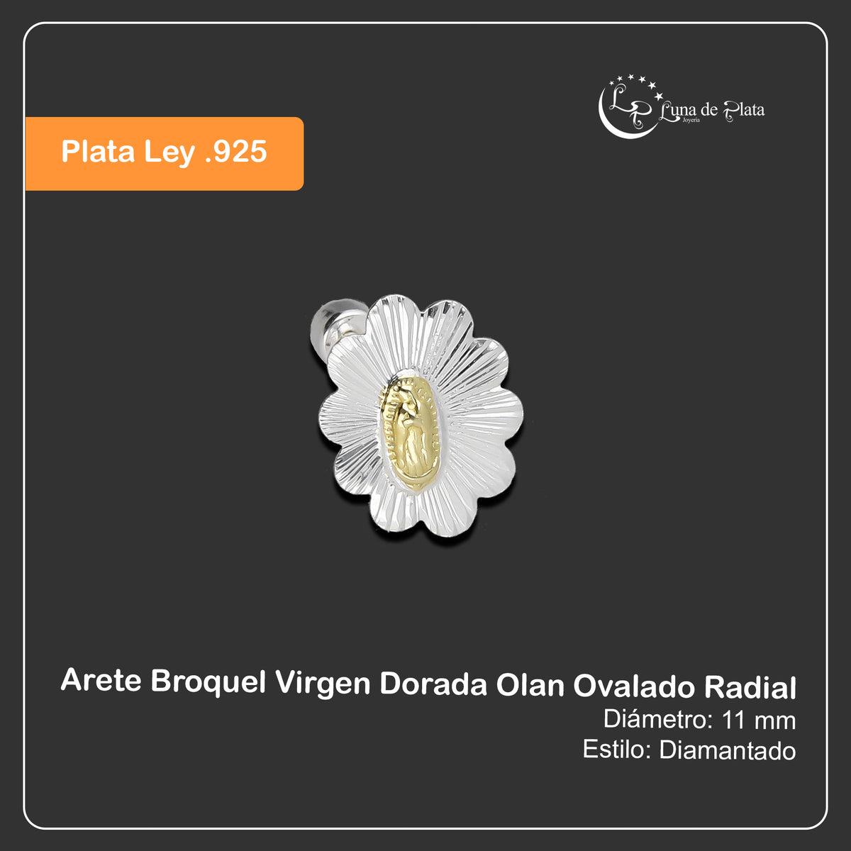 LPBR102 Arete Broquel Virgen Dorada Olan Ovalado Radial en Plata .925