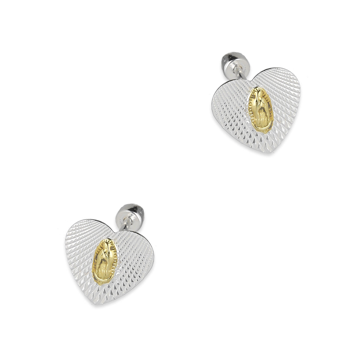 LPBR103 Arete Broquel Virgen Dorada Corazón Radial en Plata .925