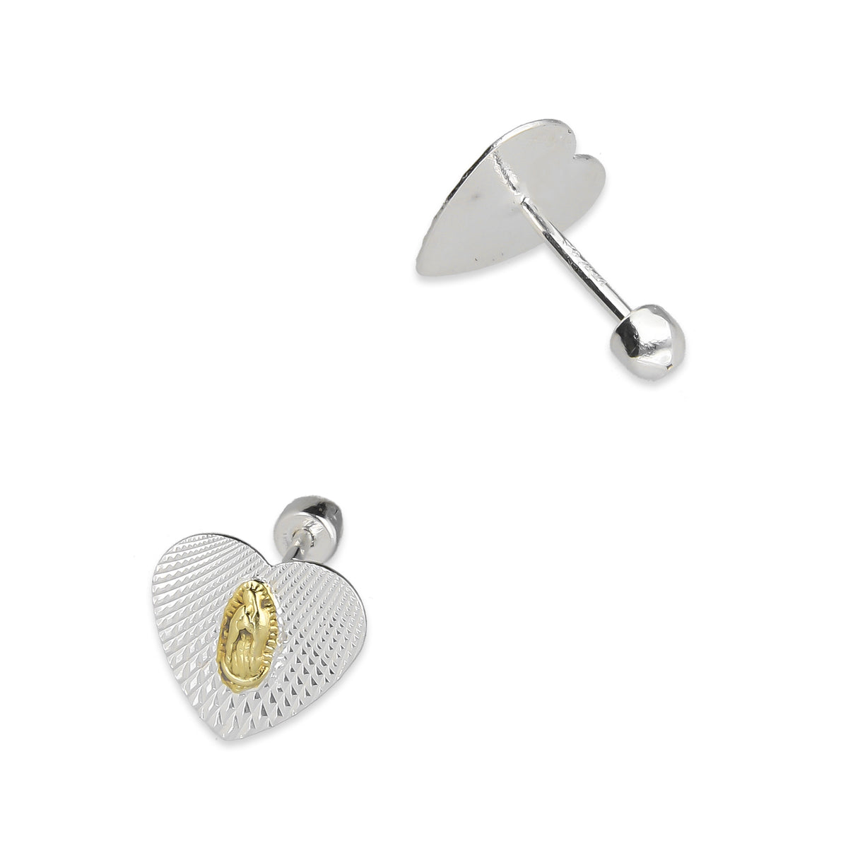 LPBR103 Arete Broquel Virgen Dorada Corazón Radial en Plata .925