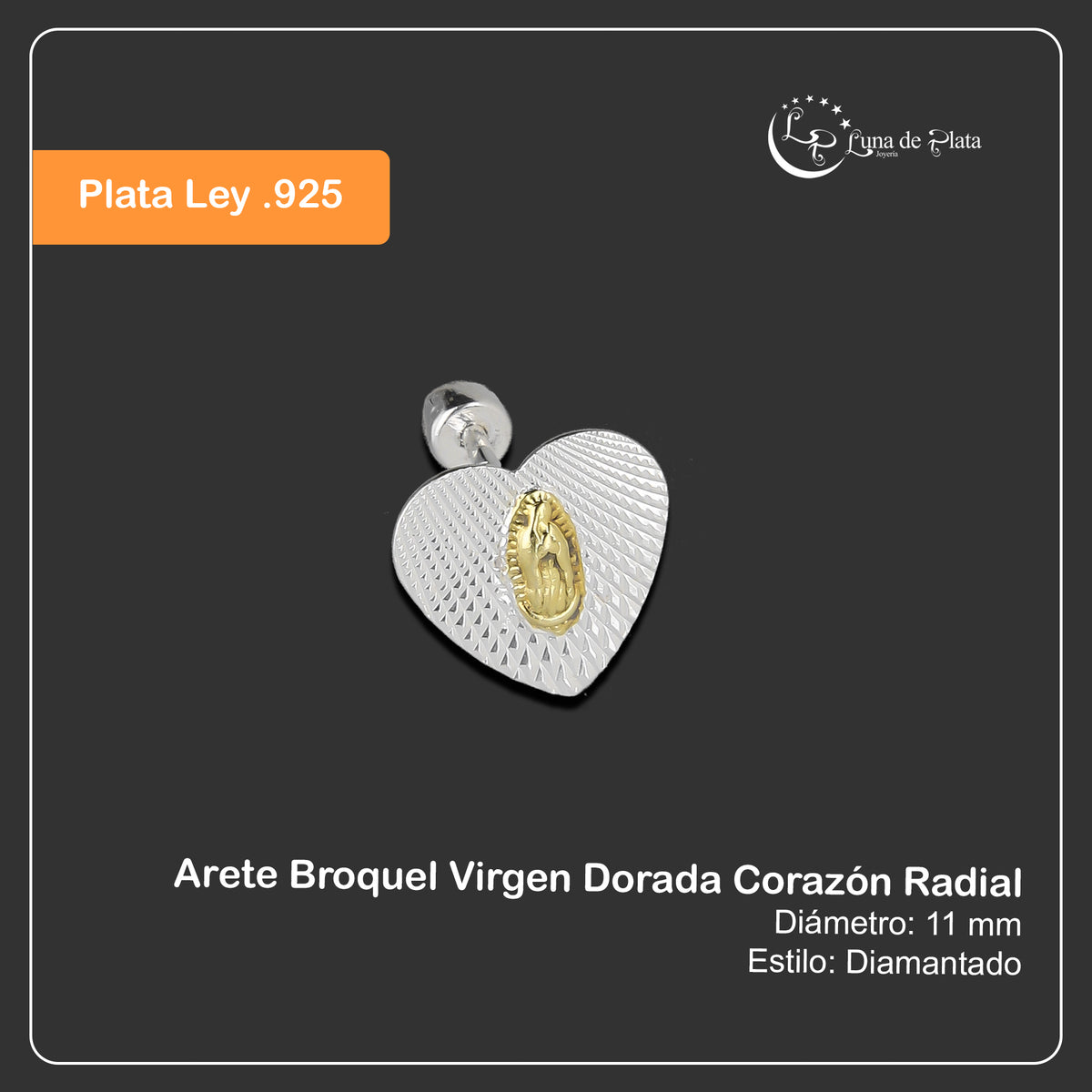 LPBR103 Arete Broquel Virgen Dorada Corazón Radial en Plata .925