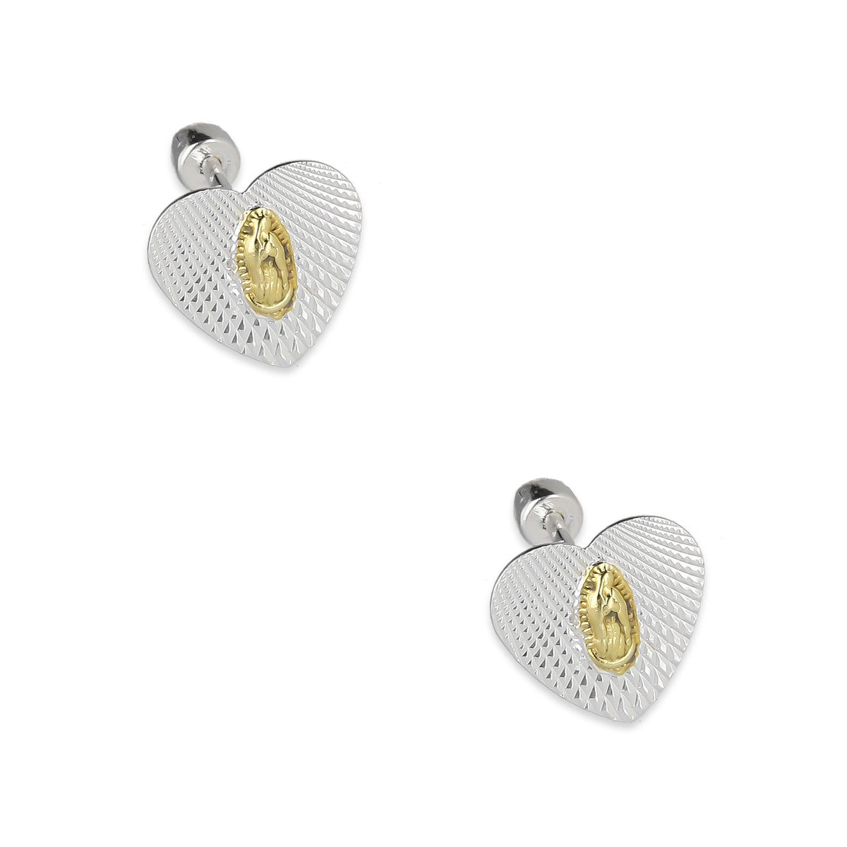 LPBR103 Arete Broquel Virgen Dorada Corazón Radial en Plata .925