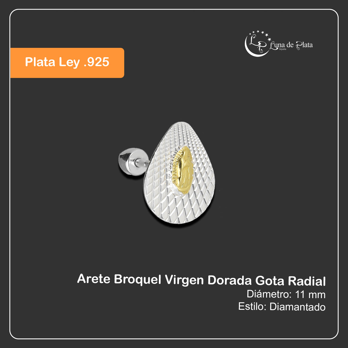 LPBR104 Arete Broquel Virgen Dorada Gota Radial en Plata .925