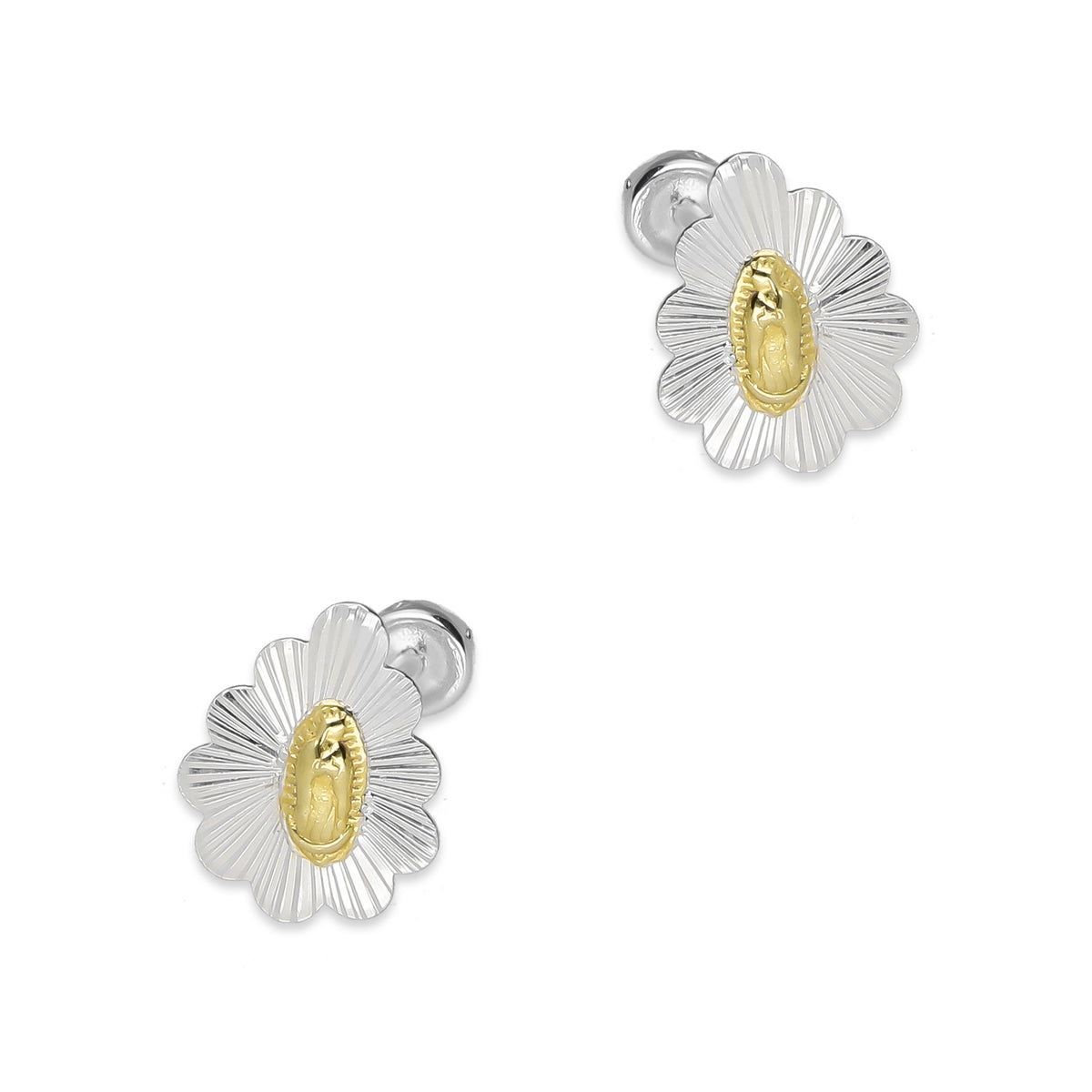 LPBR105 Arete Broquel Virgen Dorada Gota Olan Radial en Plata .925