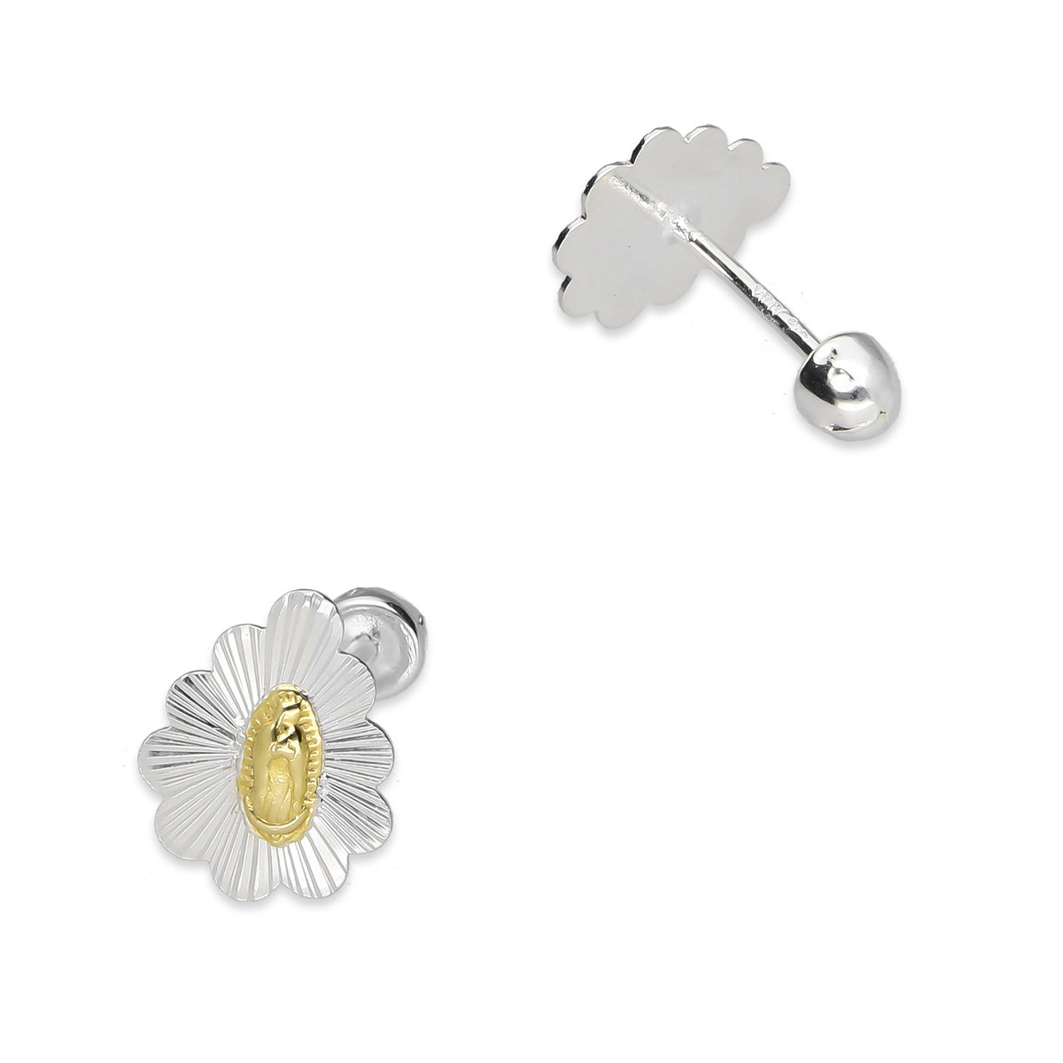 LPBR105 Arete Broquel Virgen Dorada Gota Olan Radial en Plata .925