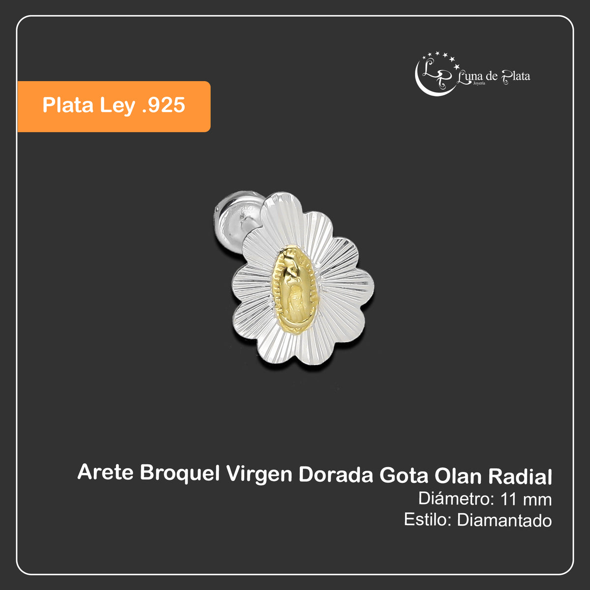 LPBR105 Arete Broquel Virgen Dorada Gota Olan Radial en Plata .925