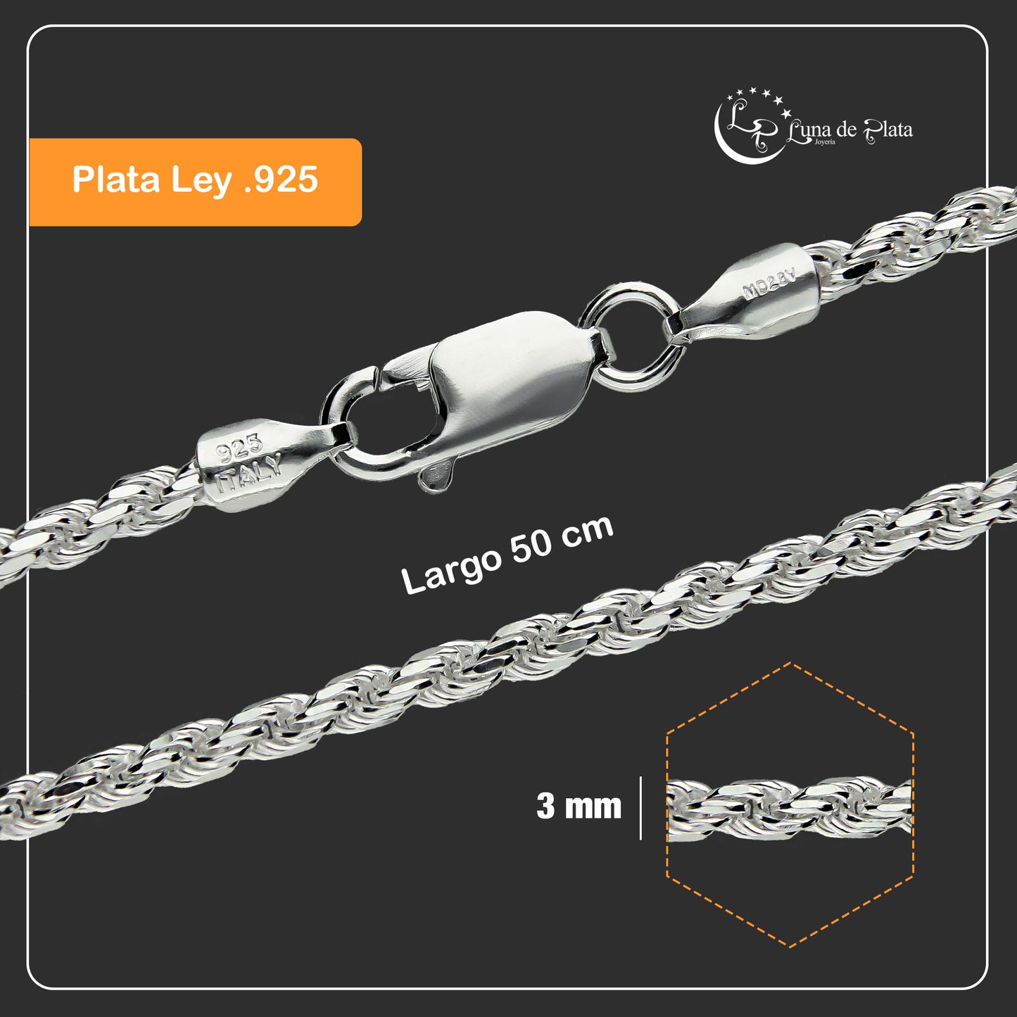 LPCU031-50 Cadena Torsal Diamantada 3 mm x 50 cm Plata .925 Taxco Gro 1443698404