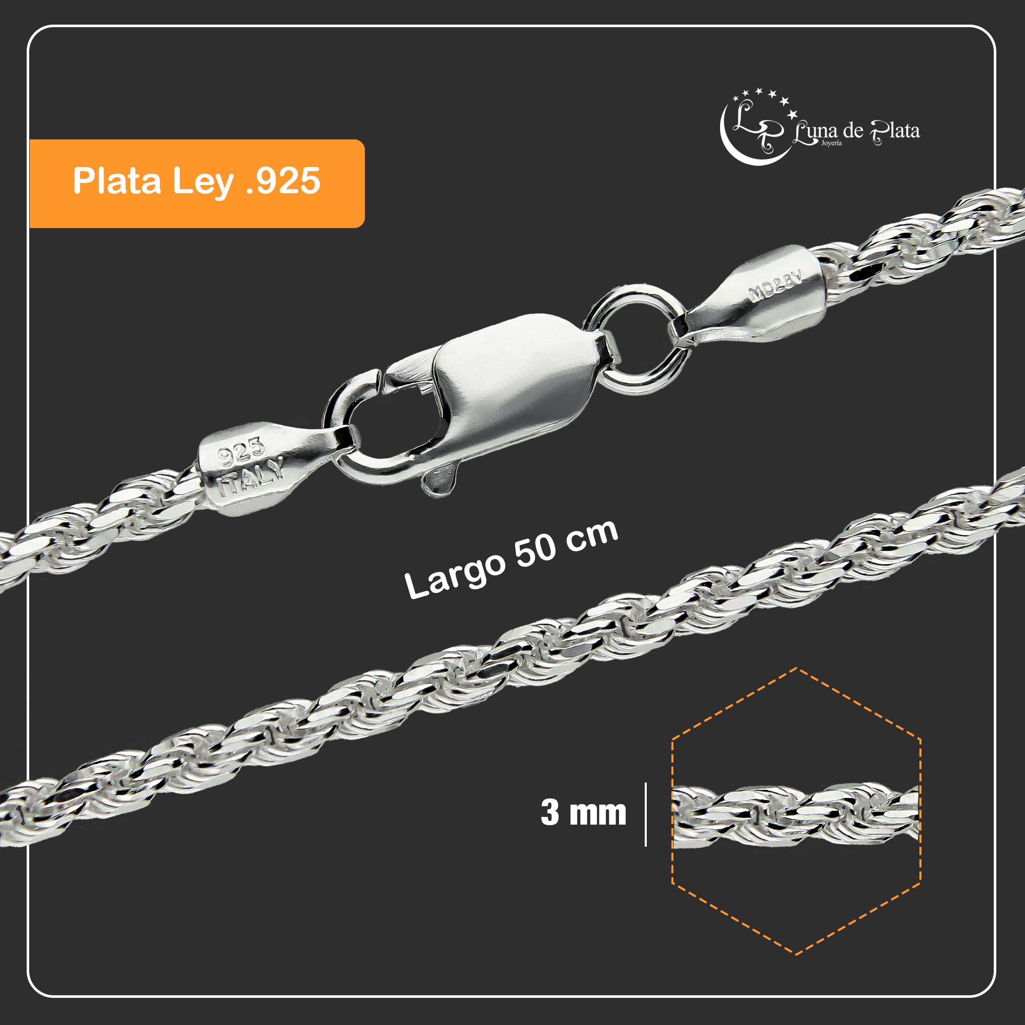 LPCU031-50 Cadena Torsal Diamantada 3 mm x 50 cm Plata .925 Taxco Gro 1443698404