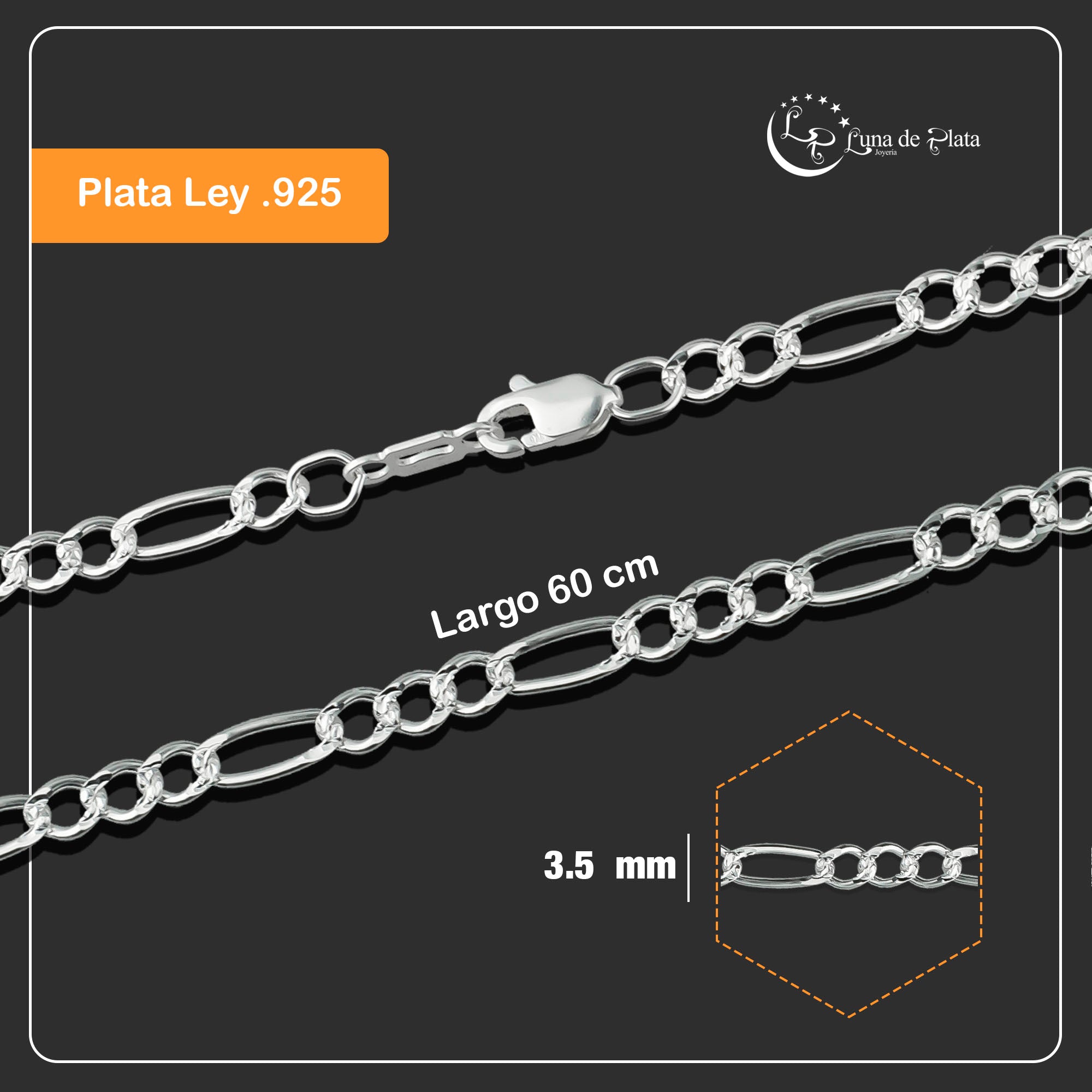 LPCU036-60 Cadena Fí­garo 3 por 1 de 3.5 mm X 60 cm Plata .925 Taxco Gro 1445439498