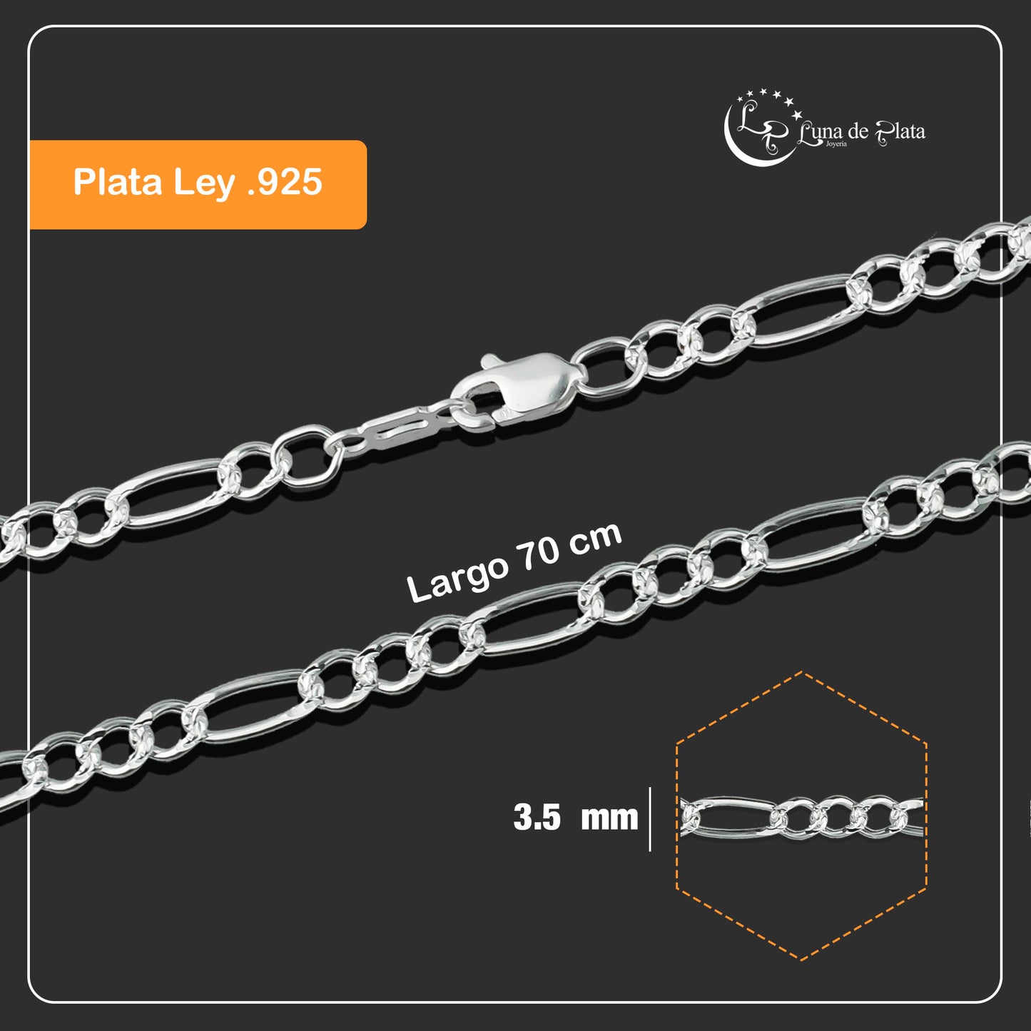 LPCU036-70 Cadena Fí­garo 3 por 1 de 3.5 mm X 70 cm Plata .925 Taxco Gro 1445456871