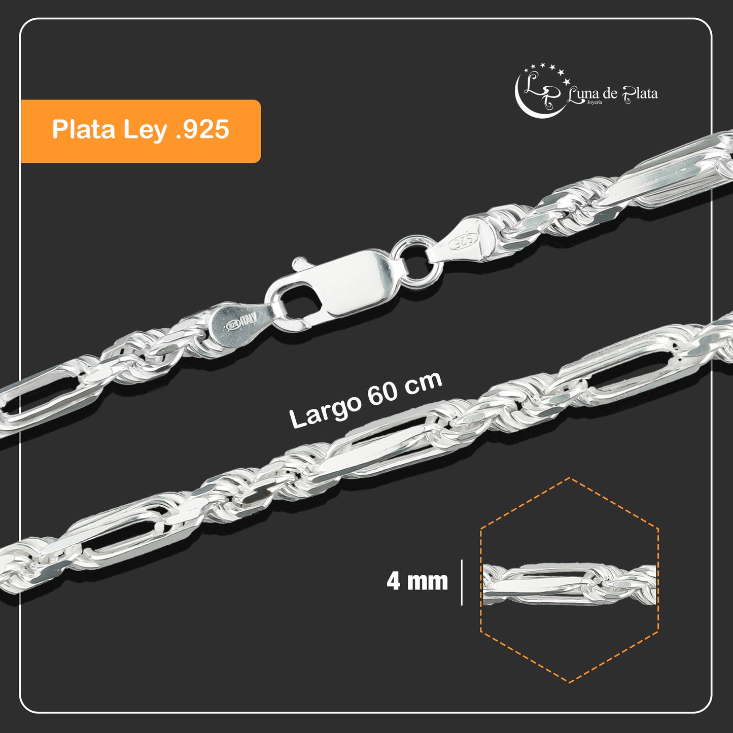 LPCU037-60 Cadena Torsal Fígaro 4 mm x 60 cm Plata .925 Taxco Gro. 1492212954