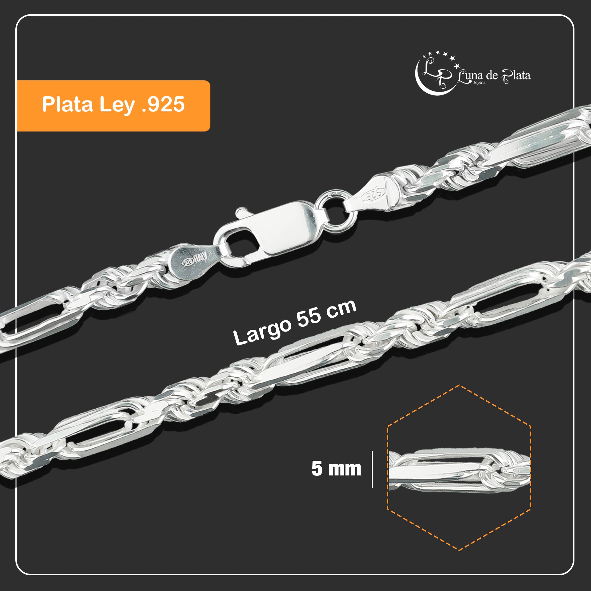 LPCU039-55 Cadena Torsal Fígaro 5 mm x 55 cm Plata .925 Taxco Gro 1812578798