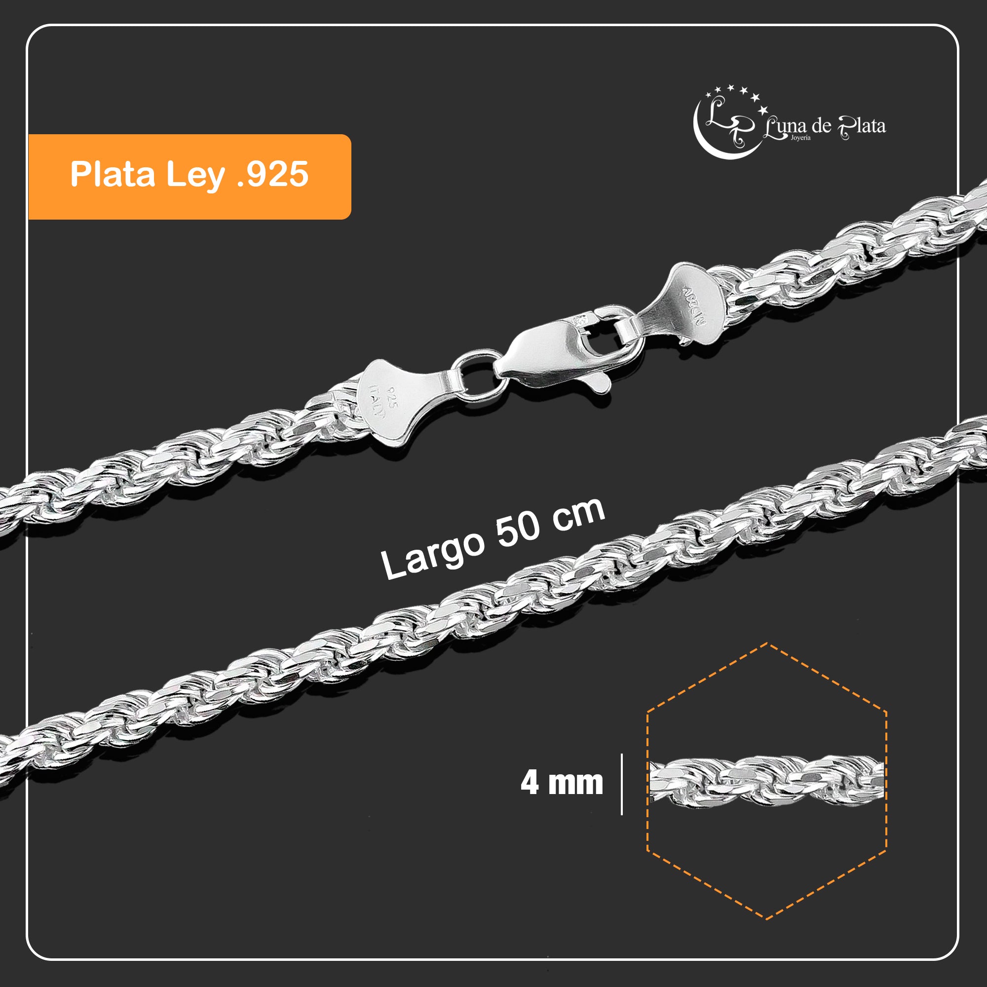 LPCU044-50 Cadena Torsal Diamantada 4 mm x 50 cm Plata .925 Taxco Gro 3076379303