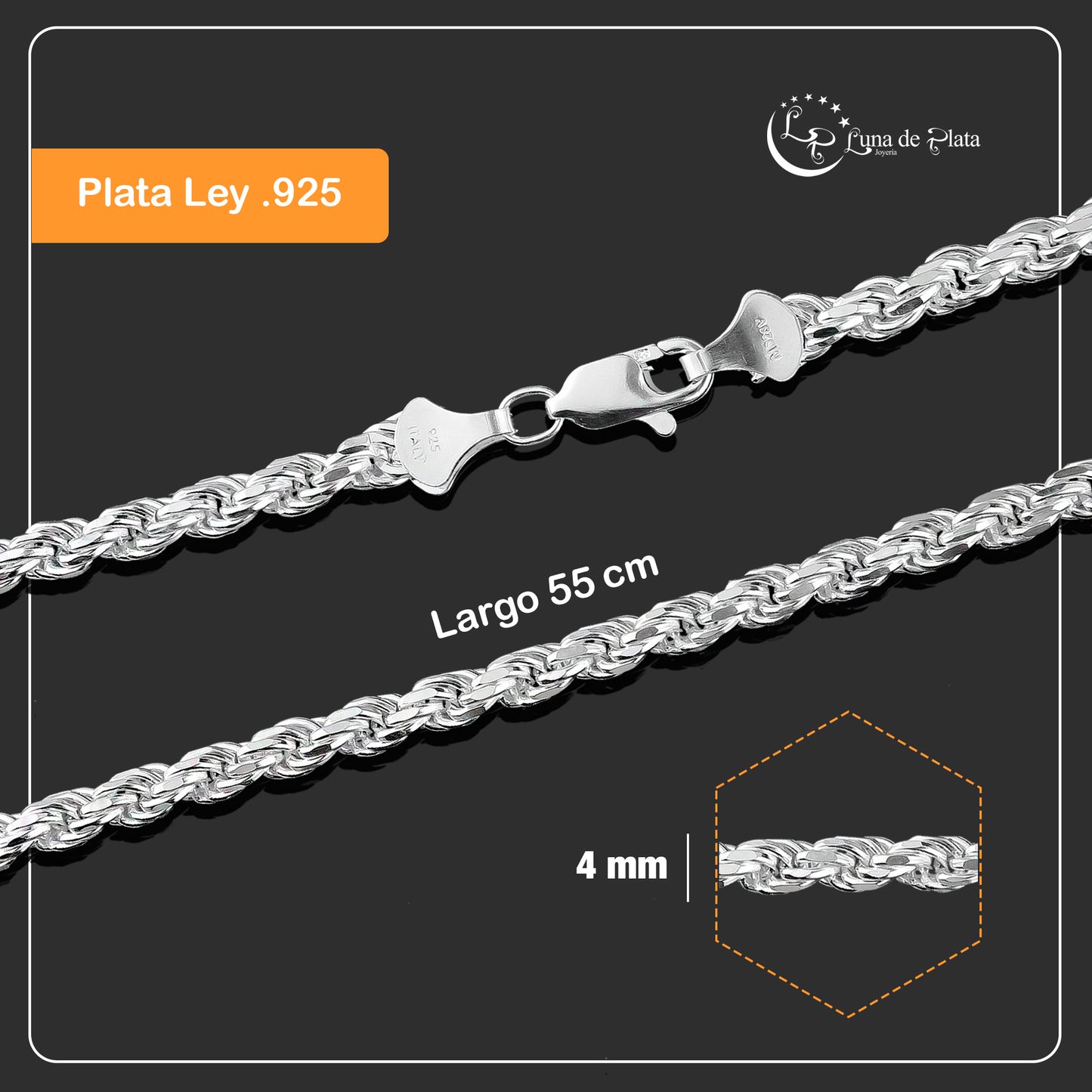 LPCU044-55 Cadena Torsal Diamantada 4 mm x 55 cm Plata .925 Taxco Gro 3042165390