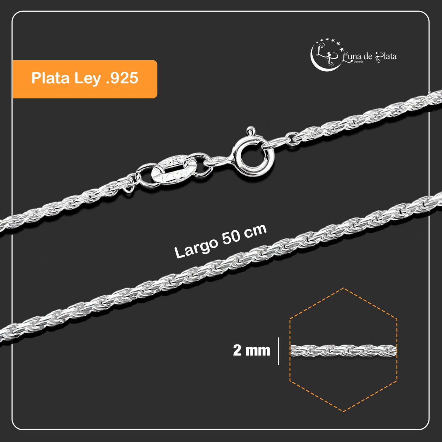 LPCU054-50 Cadena Torsal Diamantada 2 mm X 50 cm Plata .925 Taxco 2073719939