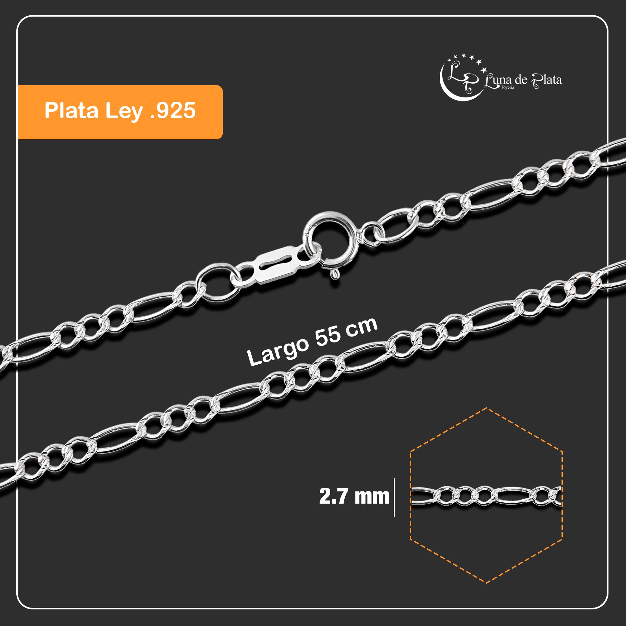 LPCU057-55 Cadena Fí­garo 3 Por 1 De 2.7 Mm X 55 Cm Plata .925 Taxco 2134166943