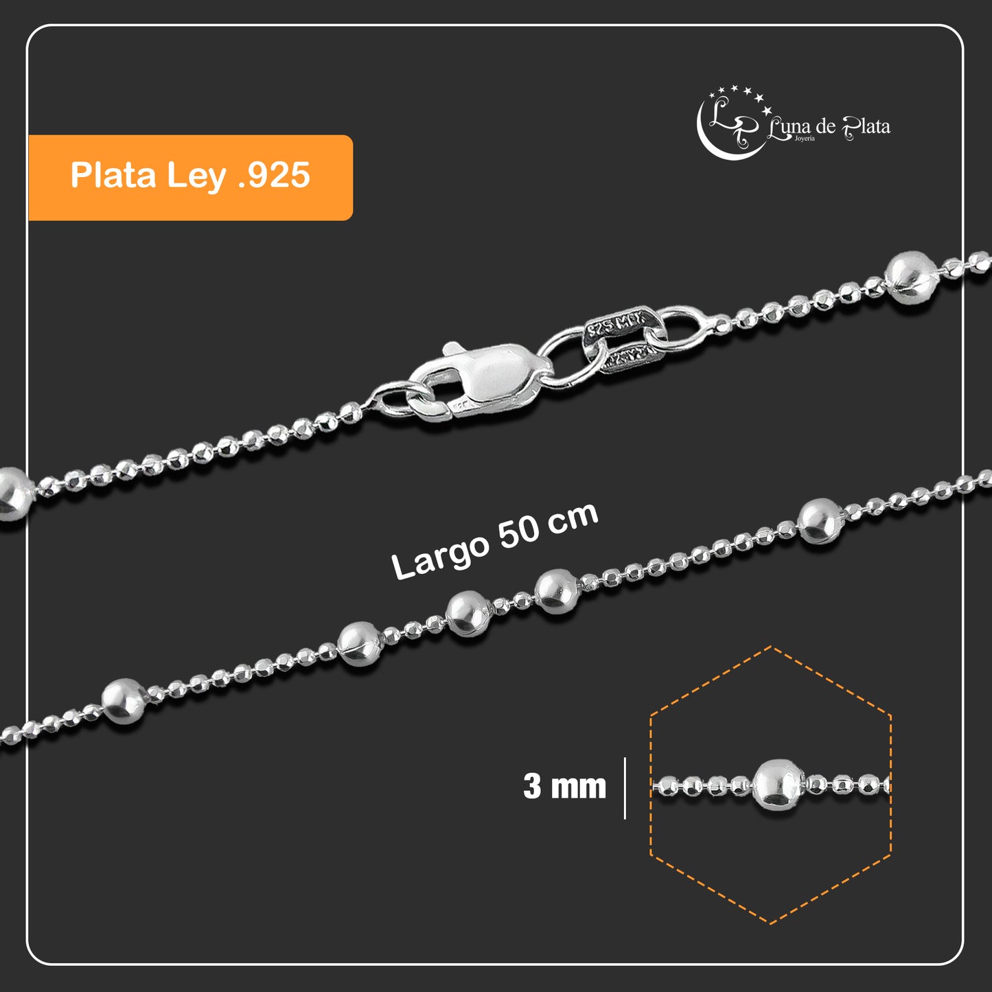LPCU059-50 Cadena Viviana Bolitas 3x1 50 cm Plata .925 Taxco 2145433717