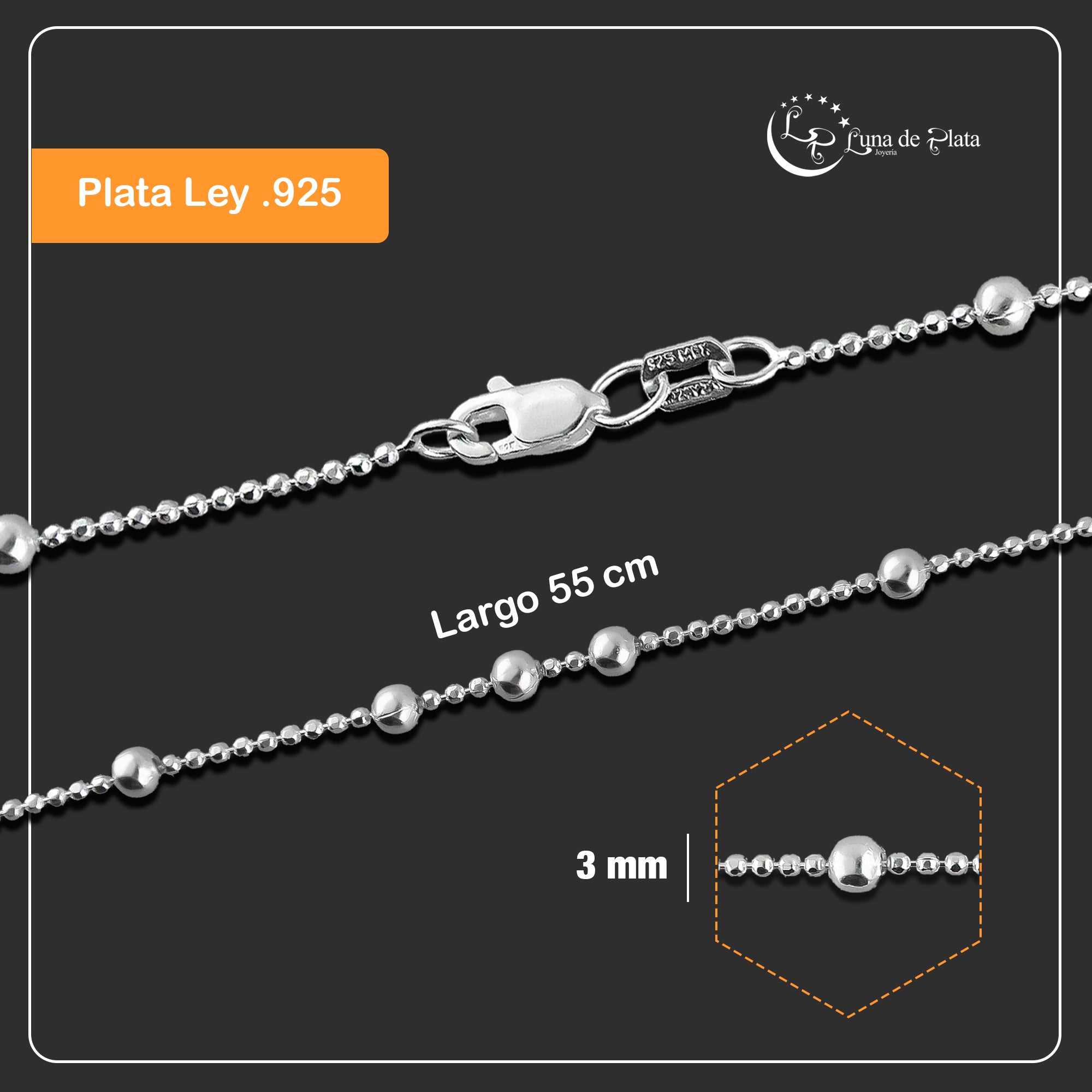 LPCU059-55 Cadena Viviana Bolitas 3x1 55 cm Plata .925 Taxco 2145451325