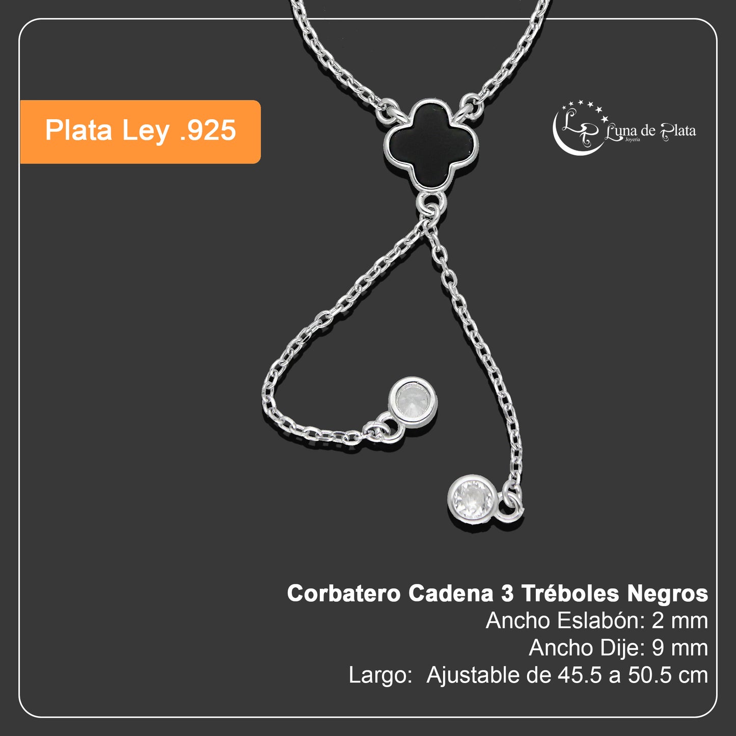 LPCU064 Corbatero Cadena 3 Tréboles Negros Ajustable de 45.5 a 50.5 cm en Plata .925 Taxco