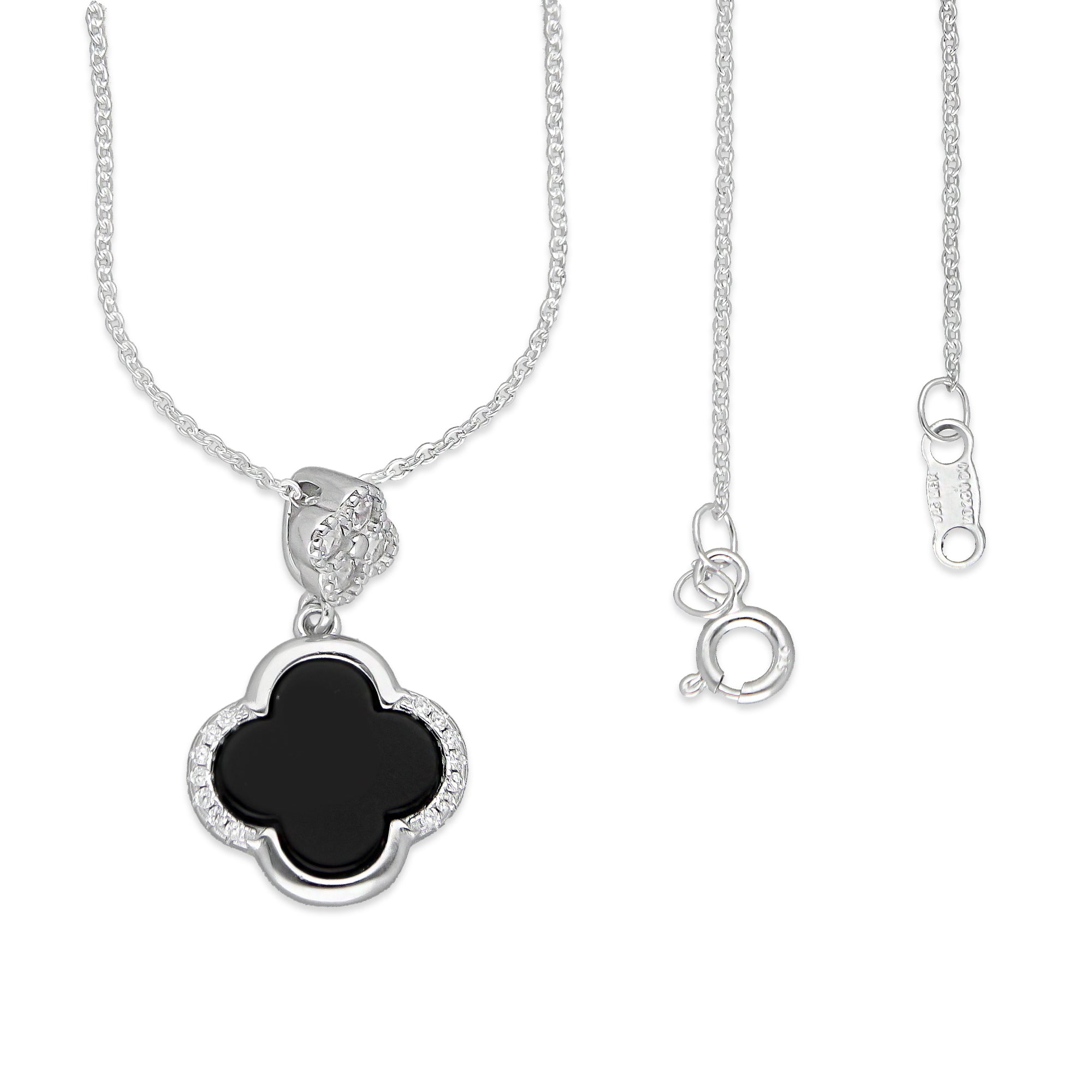 LPCU065 Gargantilla Cadena 1 Trébol Negro con Mini 45 cm en Plata .925 Taxco