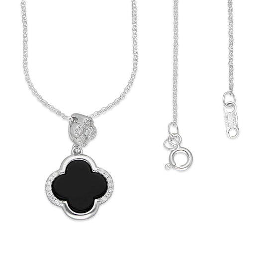 LPCU065 Gargantilla Cadena 1 Trébol Negro con Mini 45 cm en Plata .925 Taxco