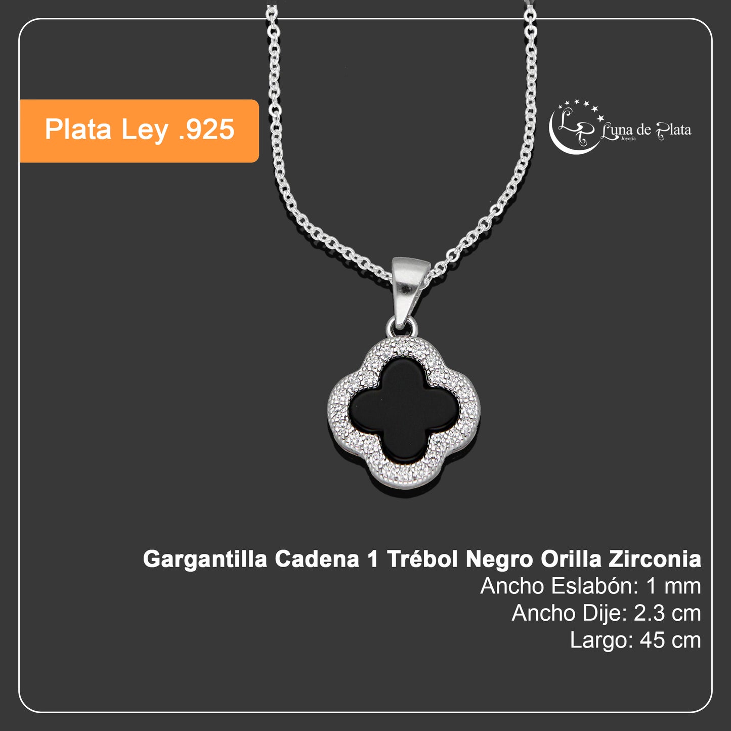LPCU066 Gargantilla Cadena 1 Trébol Negro Orilla Zirconia 45 cm en Plata .925 Taxco