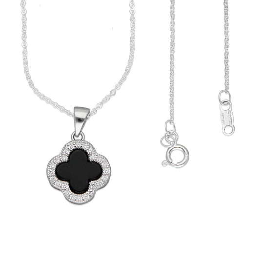 LPCU066 Gargantilla Cadena 1 Trébol Negro Orilla Zirconia 45 cm en Plata .925 Taxco