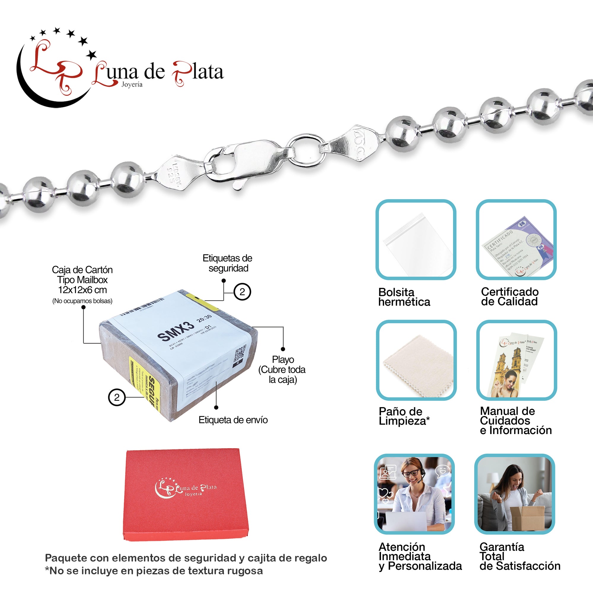 LPCU074-55 Cadena Bolitas Lisas 4 mm x 55 cm en Plata .925 MLM5107468526