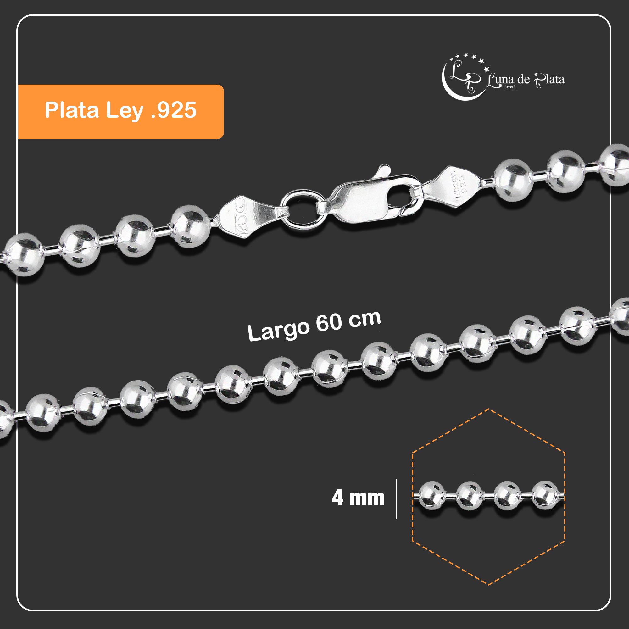 LPCU074-60 Cadena Bolitas Lisas 4 mm x 60 cm en Plata .925 MLM5107468536