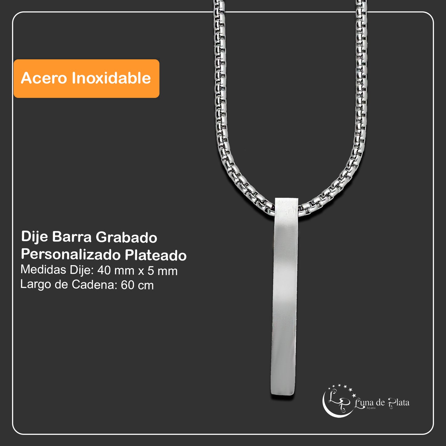 LPCUAC006 Dije Barra Grabado Personalizado Plateado Acero Inox Premium 3500408474