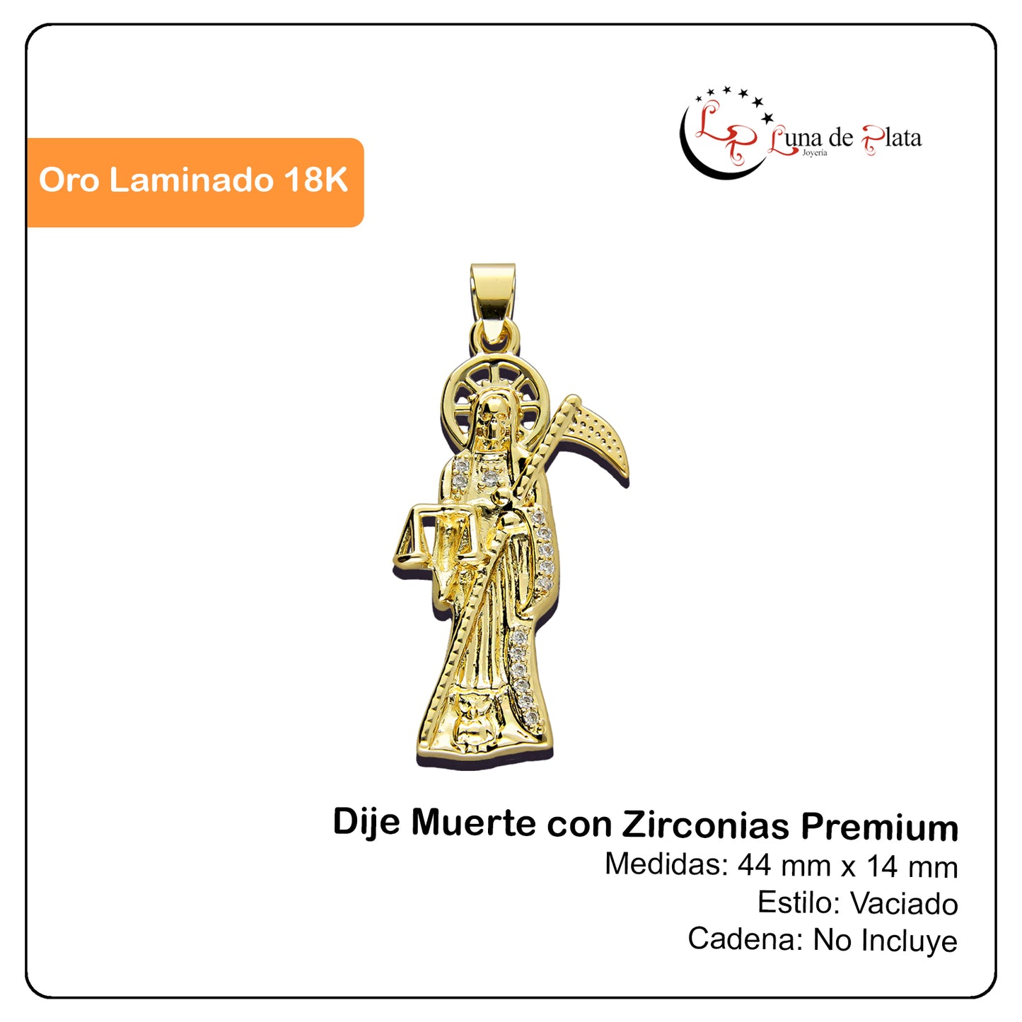 LPDG006 Dije Muerte con Zirconias Premium en Oro Laminado 18 K  2045644017